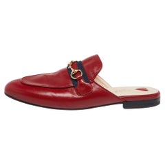 Gucci Red Leather Horsebit Web Princetown Mules Size 38