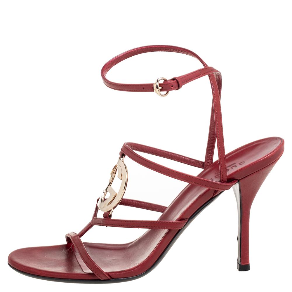 Women's Gucci Red Leather Interlocking G Strappy Sandals Size 37.5
