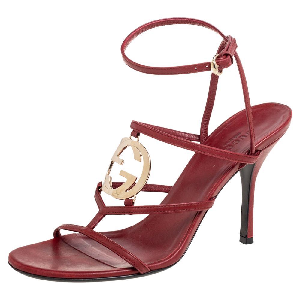 Gucci Red Leather Interlocking G Strappy Sandals Size 37.5 For Sale at  1stDibs