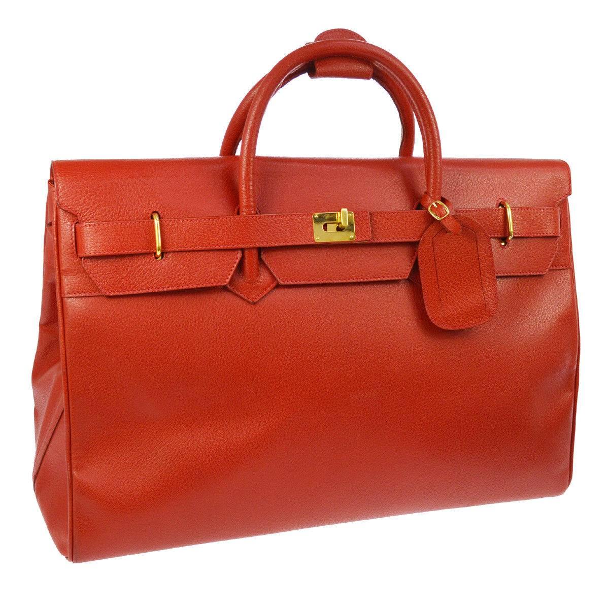 Gucci Red Leather Large Carryall Birkin Style Travel Weekender Top