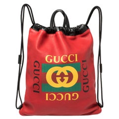 Gucci Red Leather Logo Drawstring Backpack
