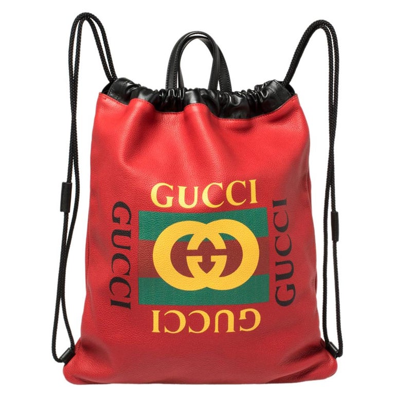 Gucci Red Leather Logo Drawstring Backpack at 1stDibs