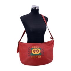Gucci Red Leather Logo Print Half Moon Shoulder Bag Hobo