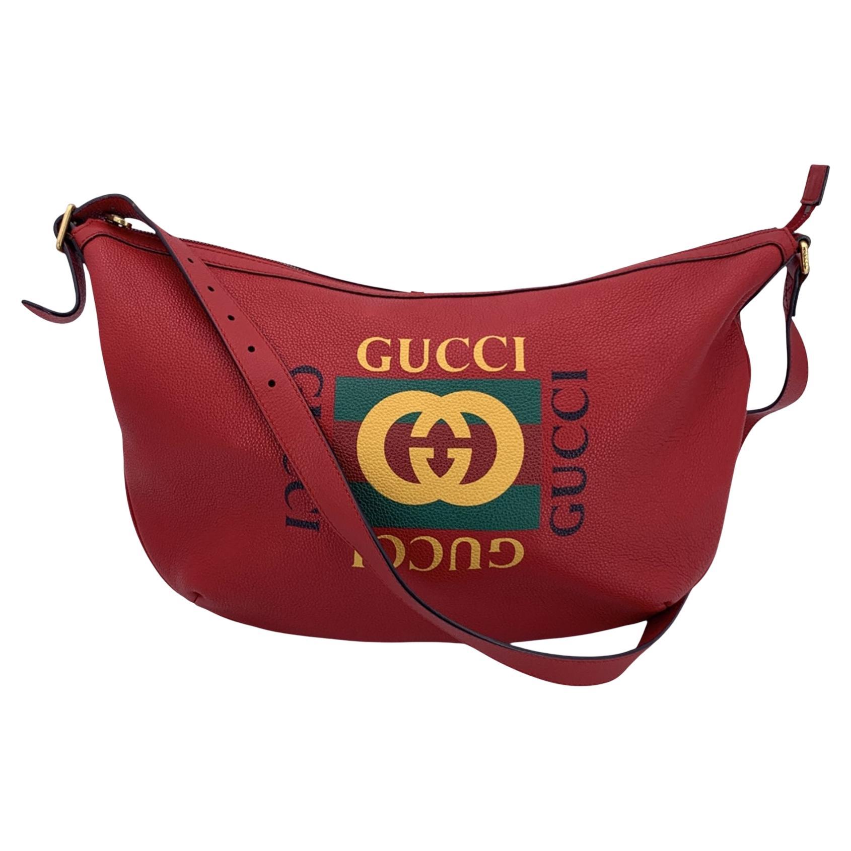 Gucci Red Leather Logo Print Half Moon Shoulder Bag Hobo