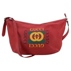 Gucci Red Leather Logo Print Half Moon Shoulder Bag Hobo