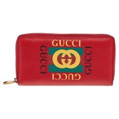 Gucci Red Leather Logo Print Zip Around Wallet