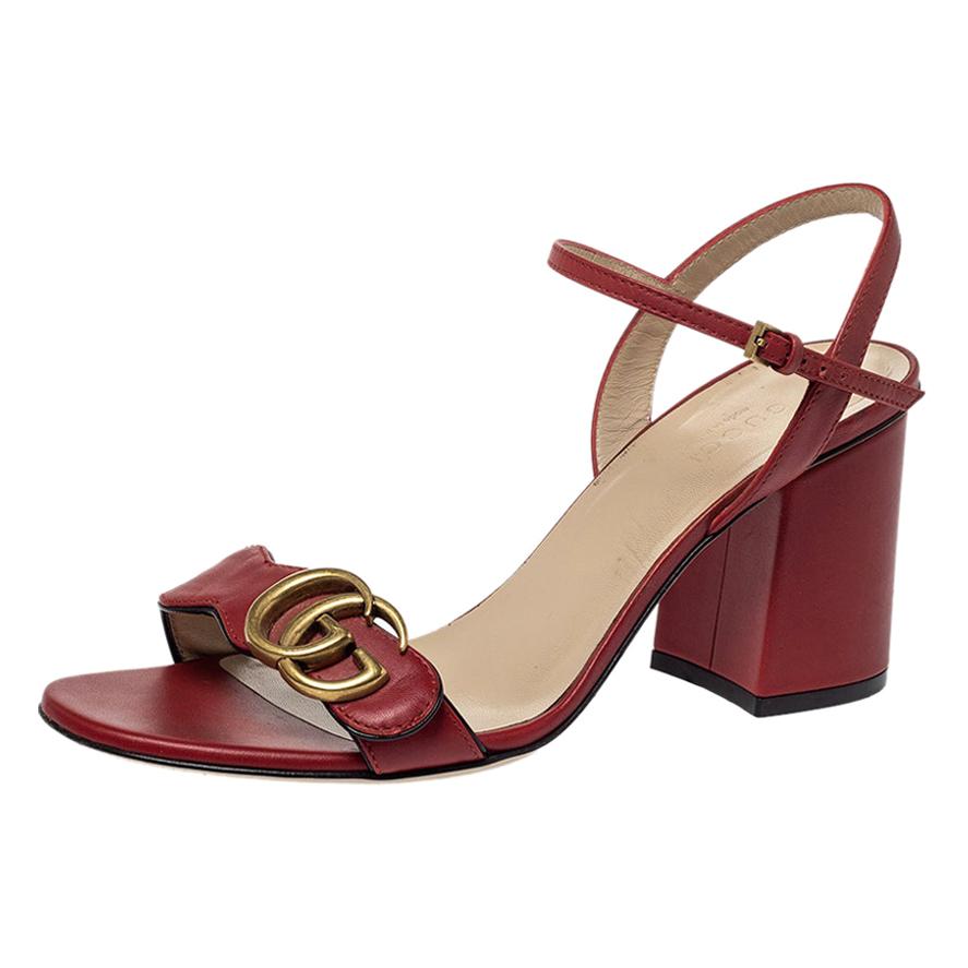 Gucci Red Leather Marmont Block Heel Ankle Strap Sandals Size 38