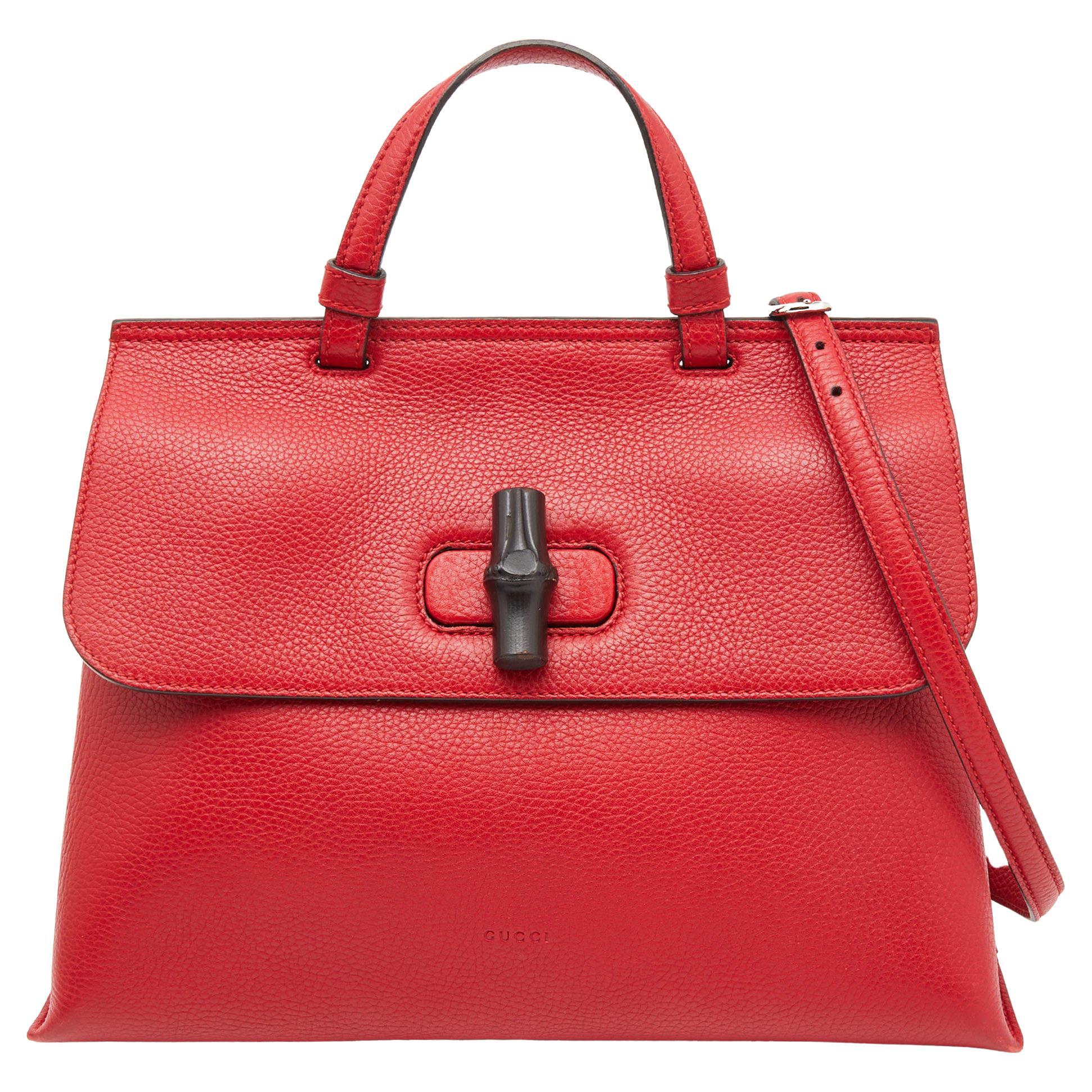 Gucci Red Leather Medium Bamboo Daily Top Handle Bag