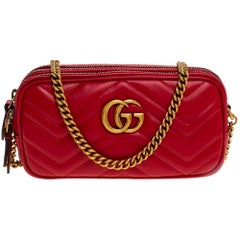 Gucci Red Leather Mini GG Marmont Chain Shoulder Bag