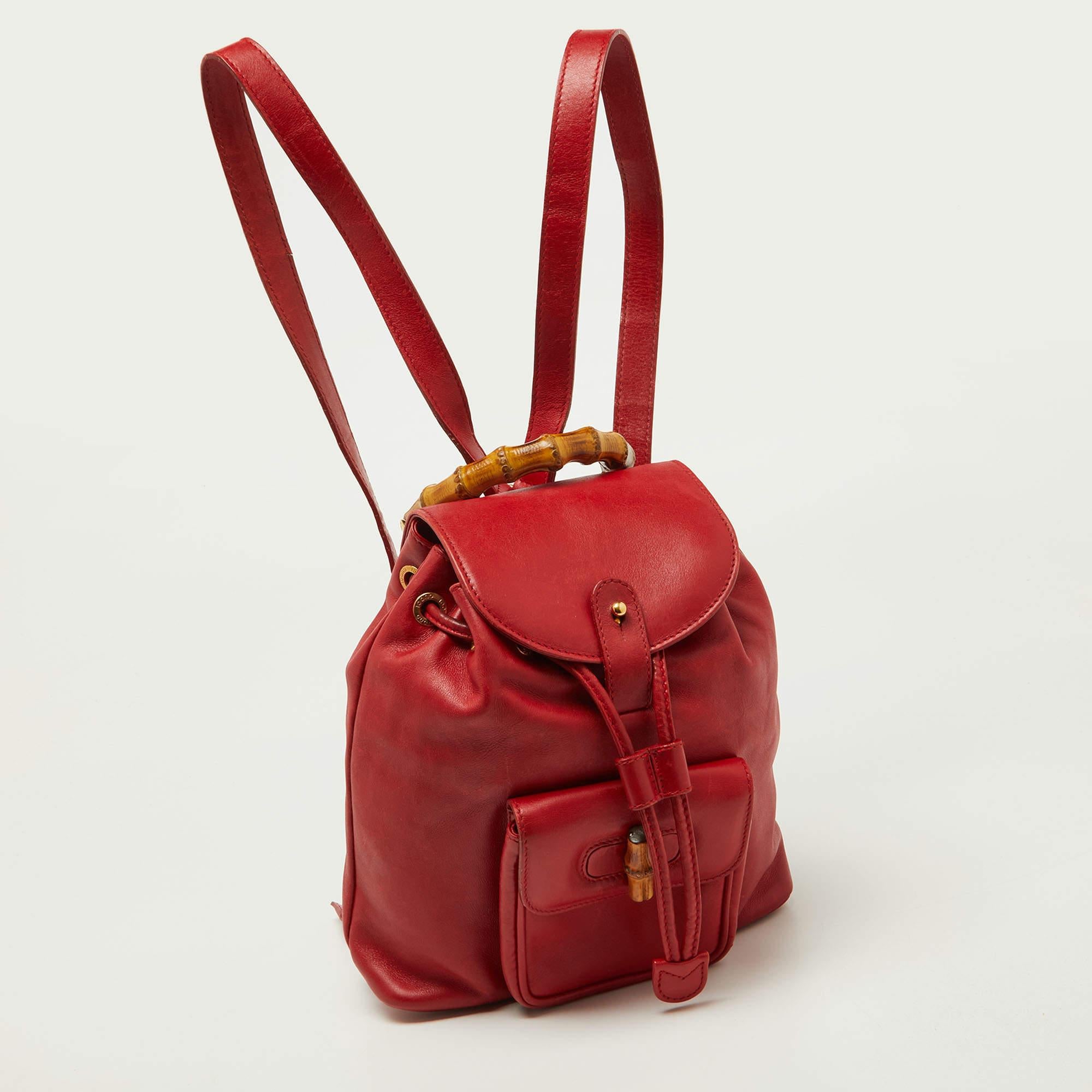 Women's Gucci Red Leather Mini Vintage Bamboo Handle Backpack For Sale