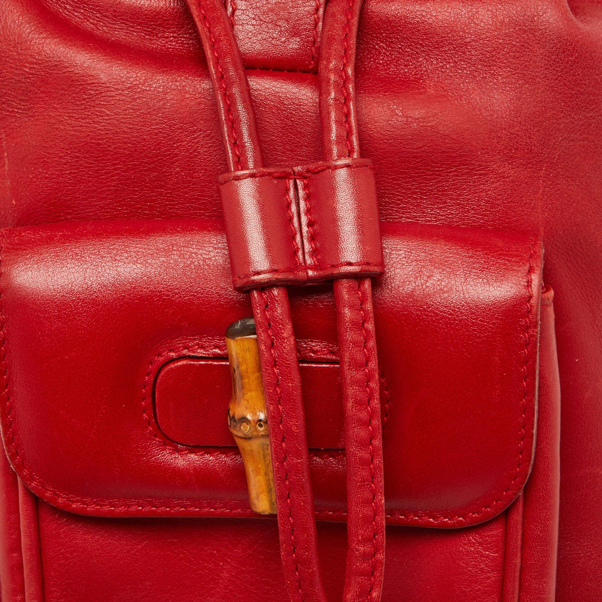 Gucci Red Leather Mini Vintage Bamboo Handle Backpack For Sale 4