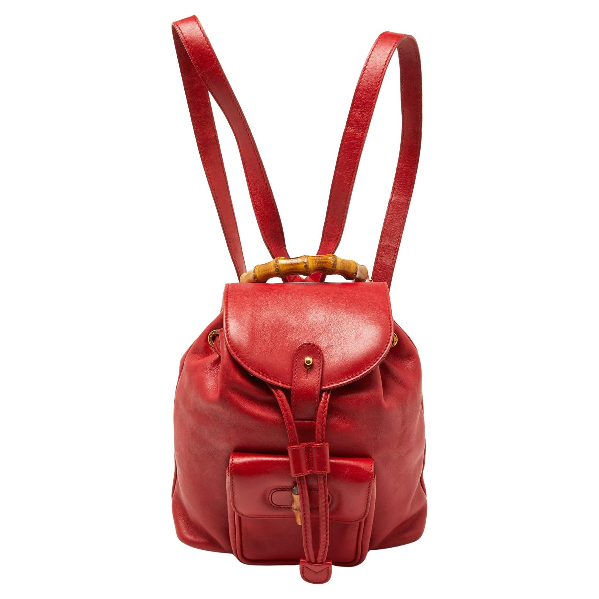 Gucci Red Leather Mini Vintage Bamboo Handle Backpack For Sale