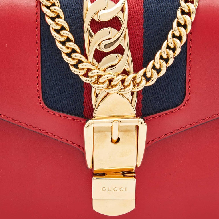 Gucci Red Leather Mini Web Sylvie Chain Crossbody Bag at 1stDibs