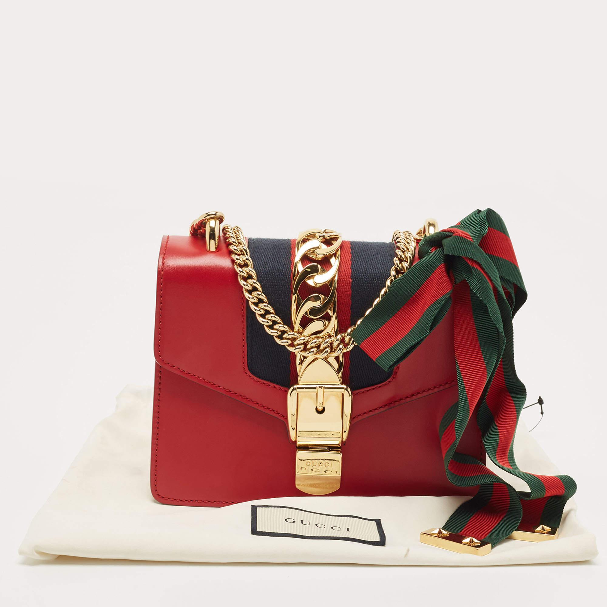 Gucci Red Leather Mini Web Chain Sylvie Crossbody Bag 12