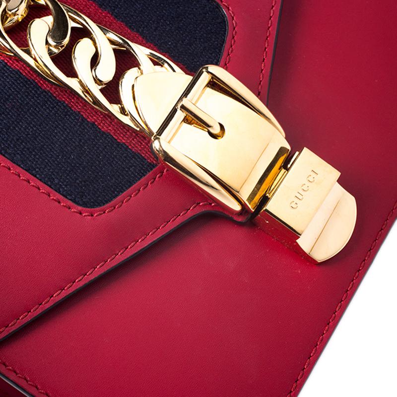Women's Gucci Red Leather Mini Web Chain Sylvie Shoulder Bag