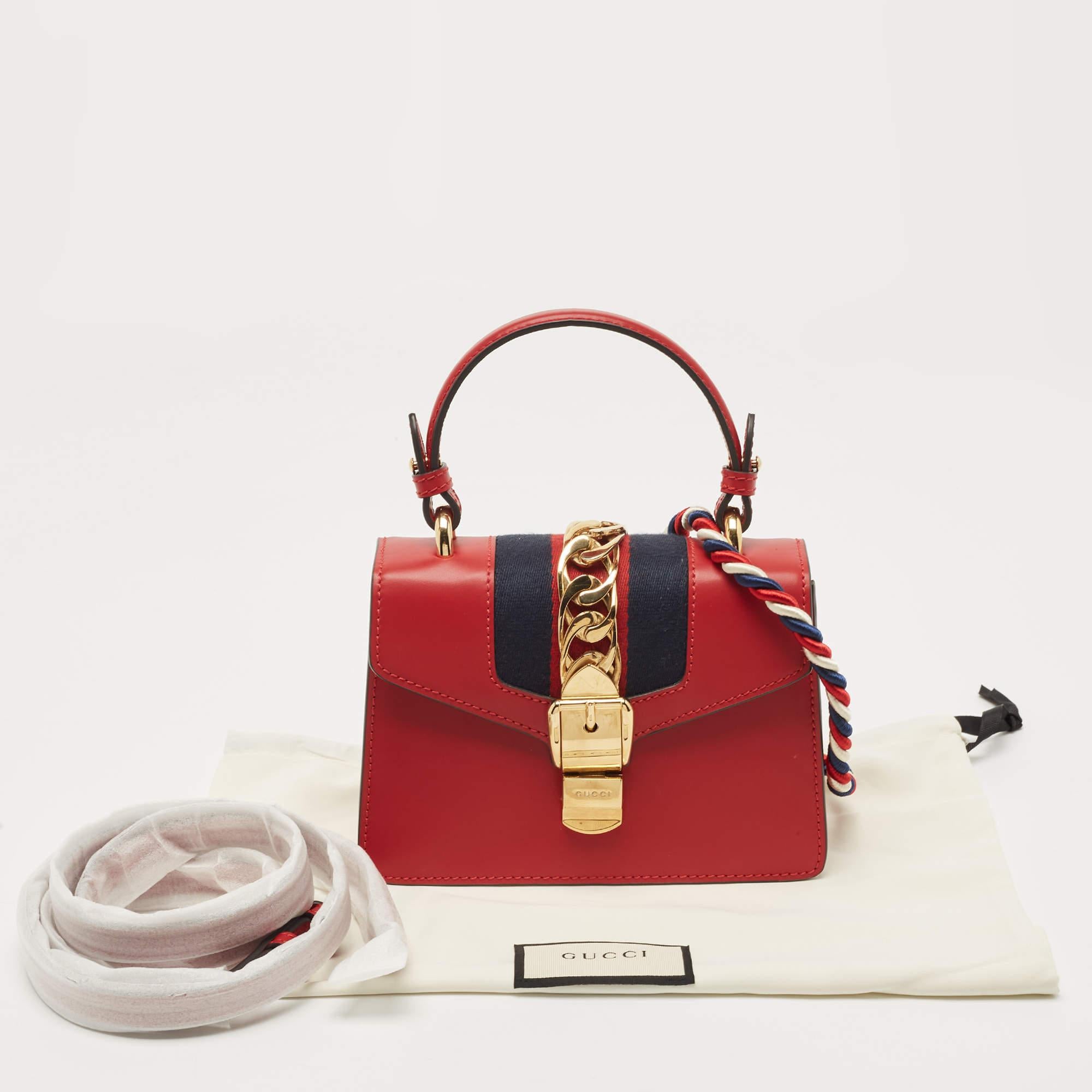 Gucci Red Leather Mini Web Chain Sylvie Top Handle Bag 11