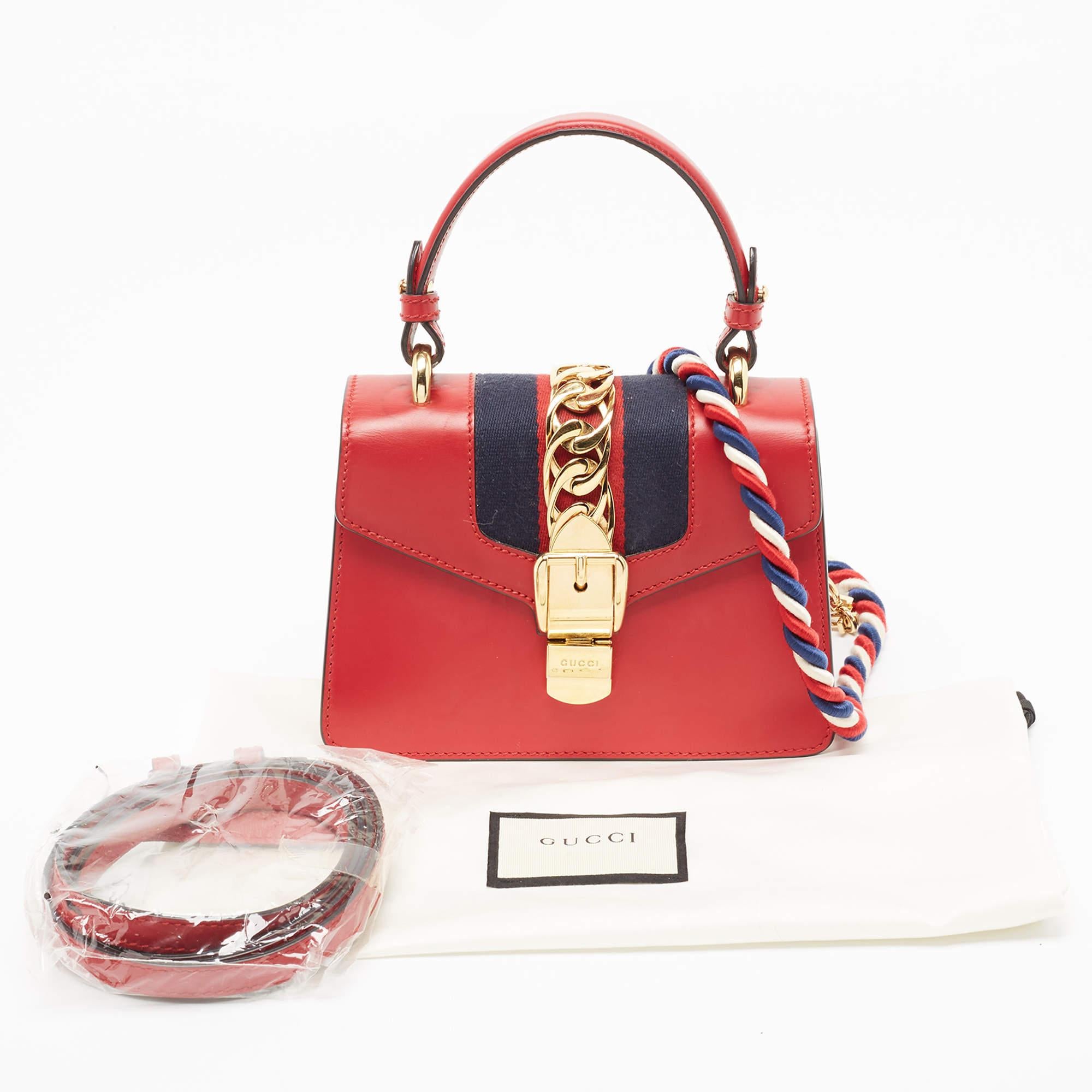 Gucci Red Leather Mini Web Chain Sylvie Top Handle Bag For Sale 14