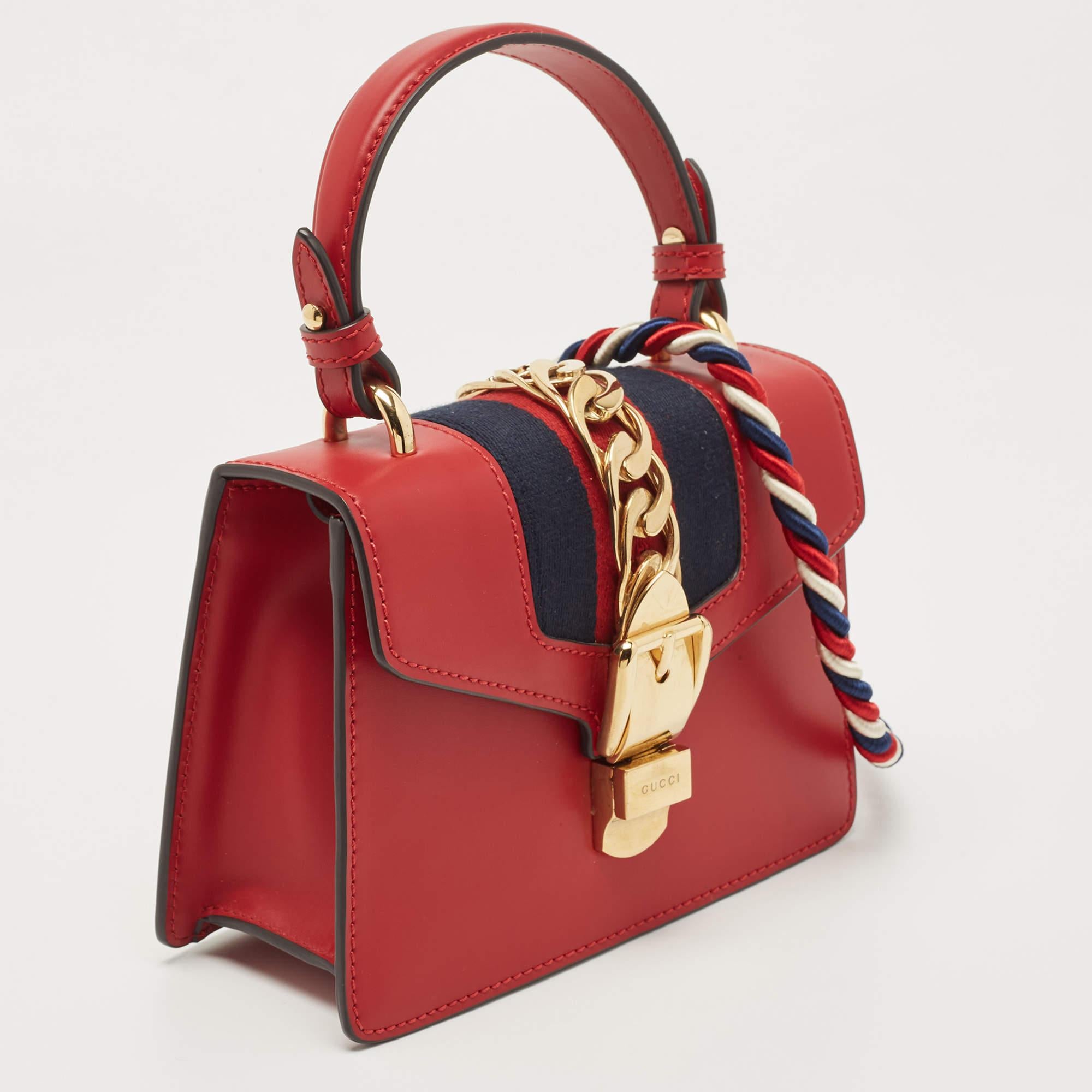 Gucci Red Leather Mini Web Chain Sylvie Top Handle Bag In Excellent Condition In Dubai, Al Qouz 2