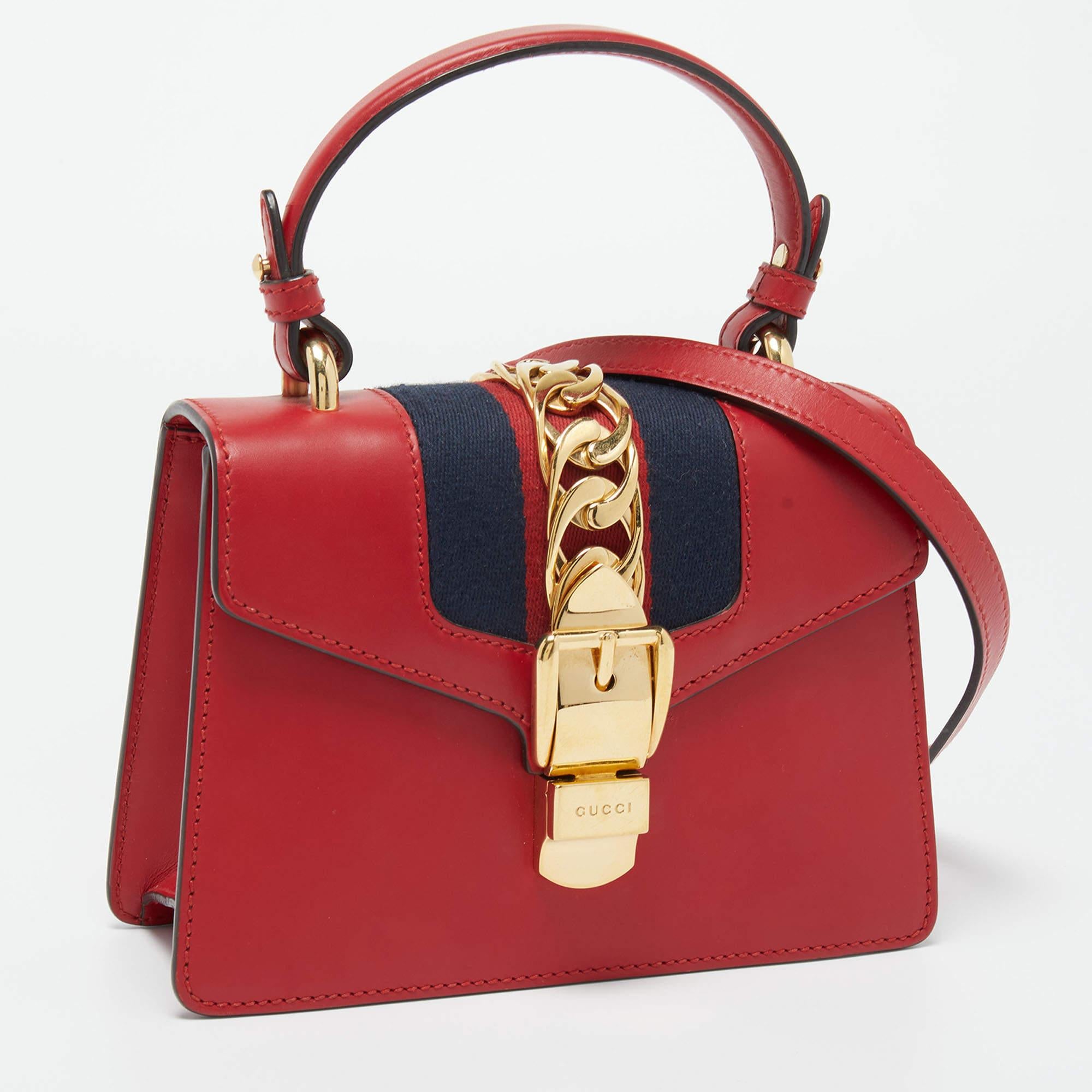 Women's Gucci Red Leather Mini Web Chain Sylvie Top Handle Bag