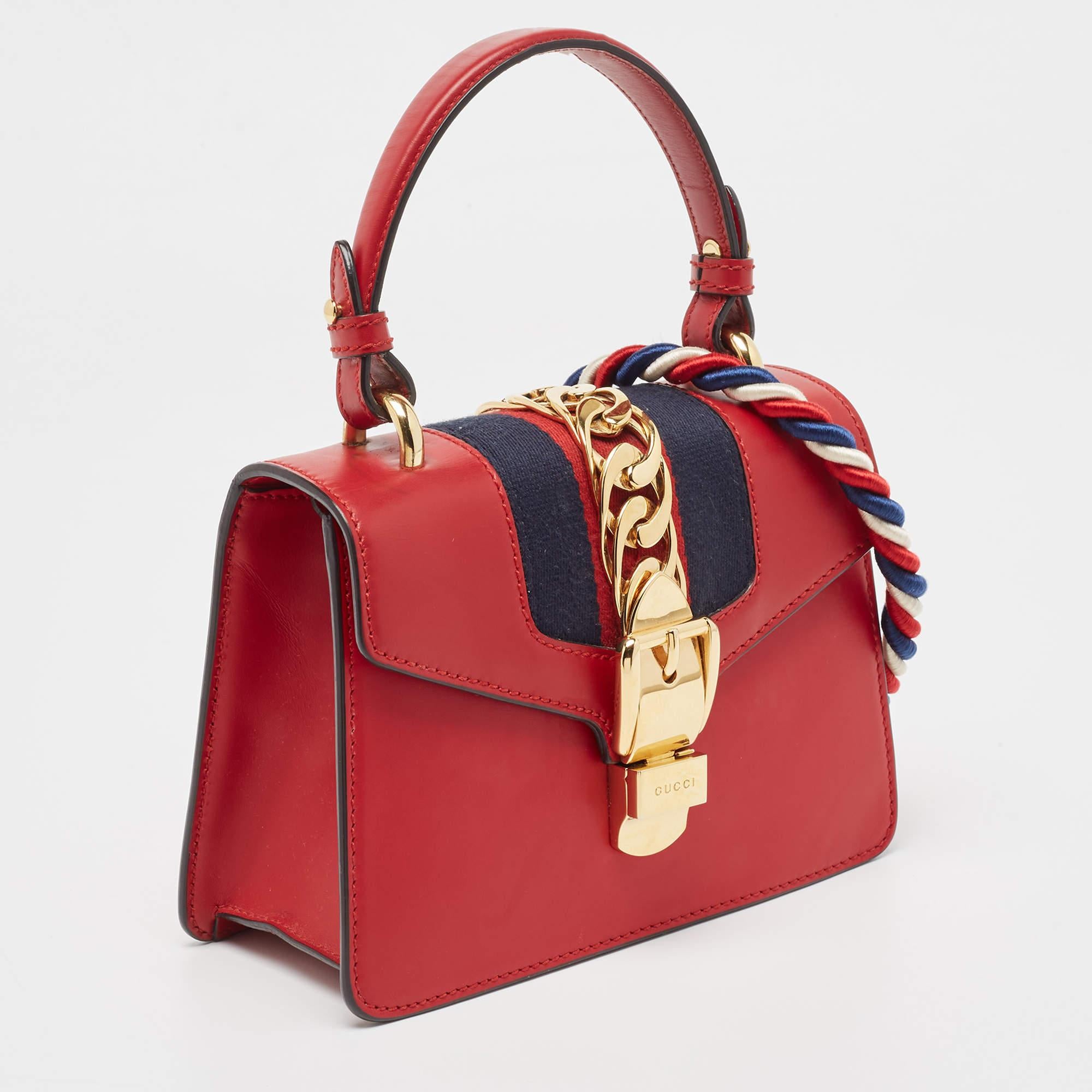Women's Gucci Red Leather Mini Web Chain Sylvie Top Handle Bag For Sale