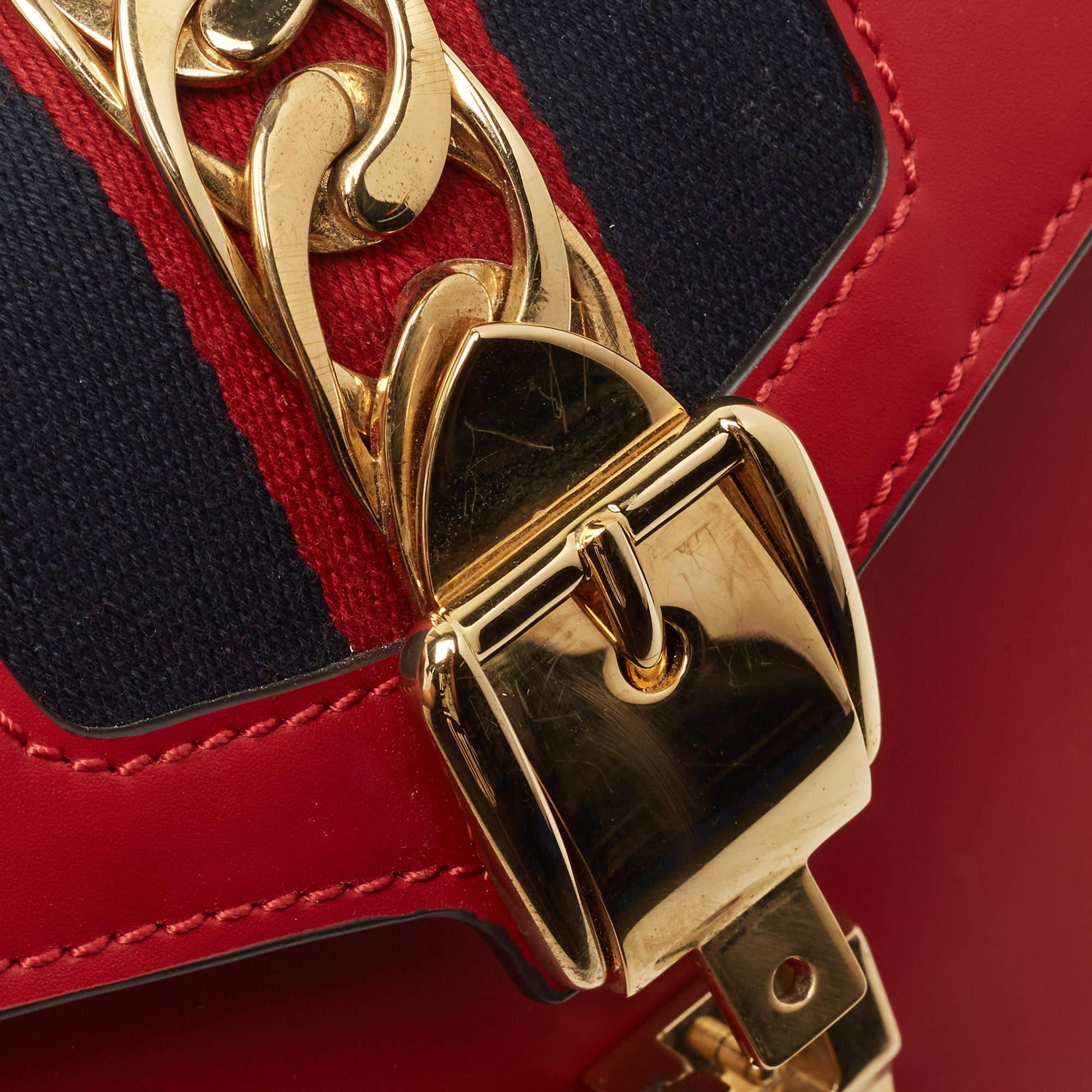 Women's Gucci Red Leather Mini Web Chain Sylvie Top Handle Bag