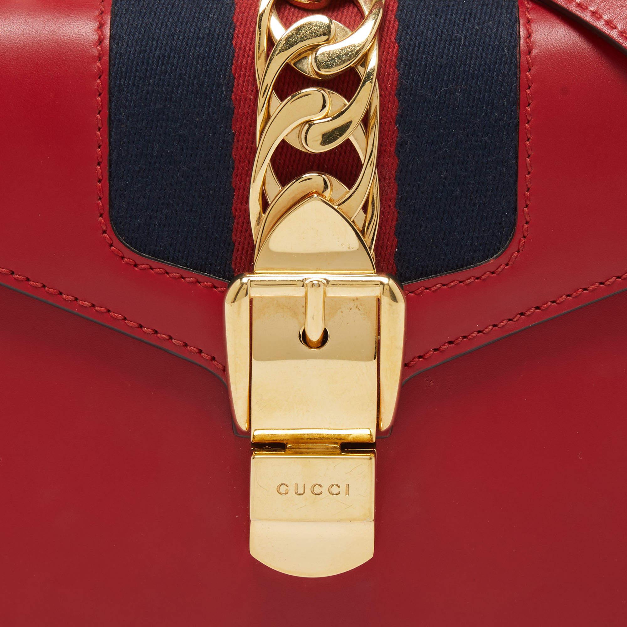 Gucci Red Leather Mini Web Chain Sylvie Top Handle Bag 4