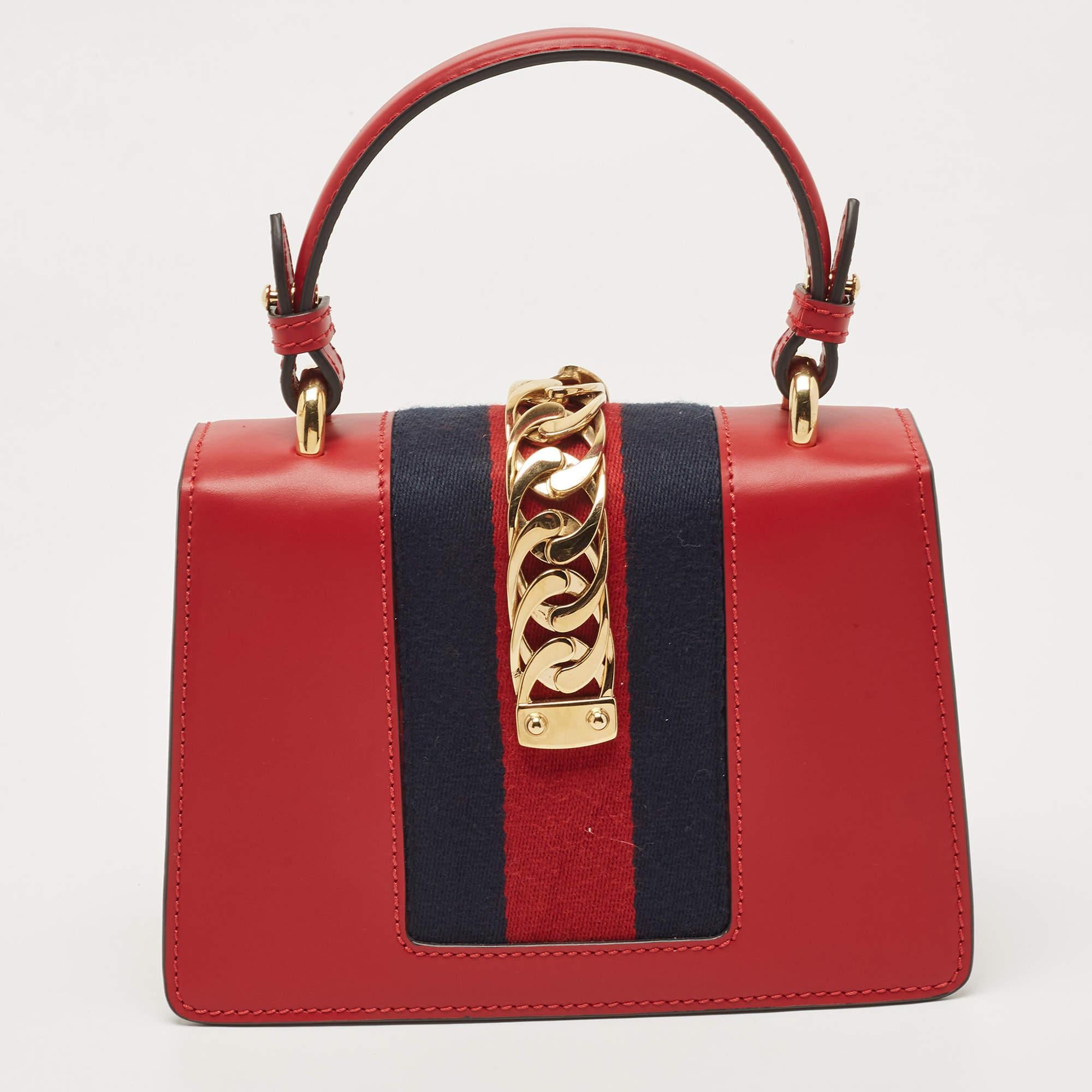 Gucci Red Leather Mini Web Chain Sylvie Top Handle Bag 4