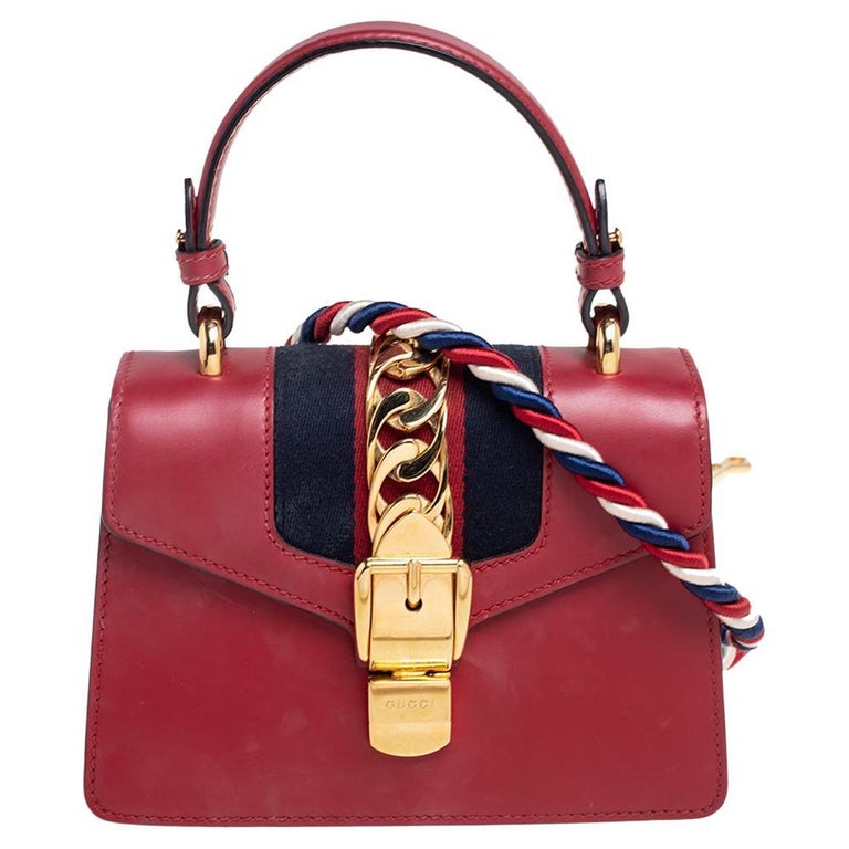 Gucci Red Leather Mini Web Chain Sylvie Top Handle Bag For Sale at 1stDibs