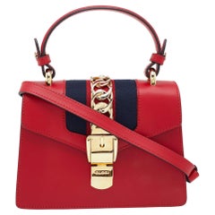 Gucci Red Leather Mini Web Chain Sylvie Top Handle Bag