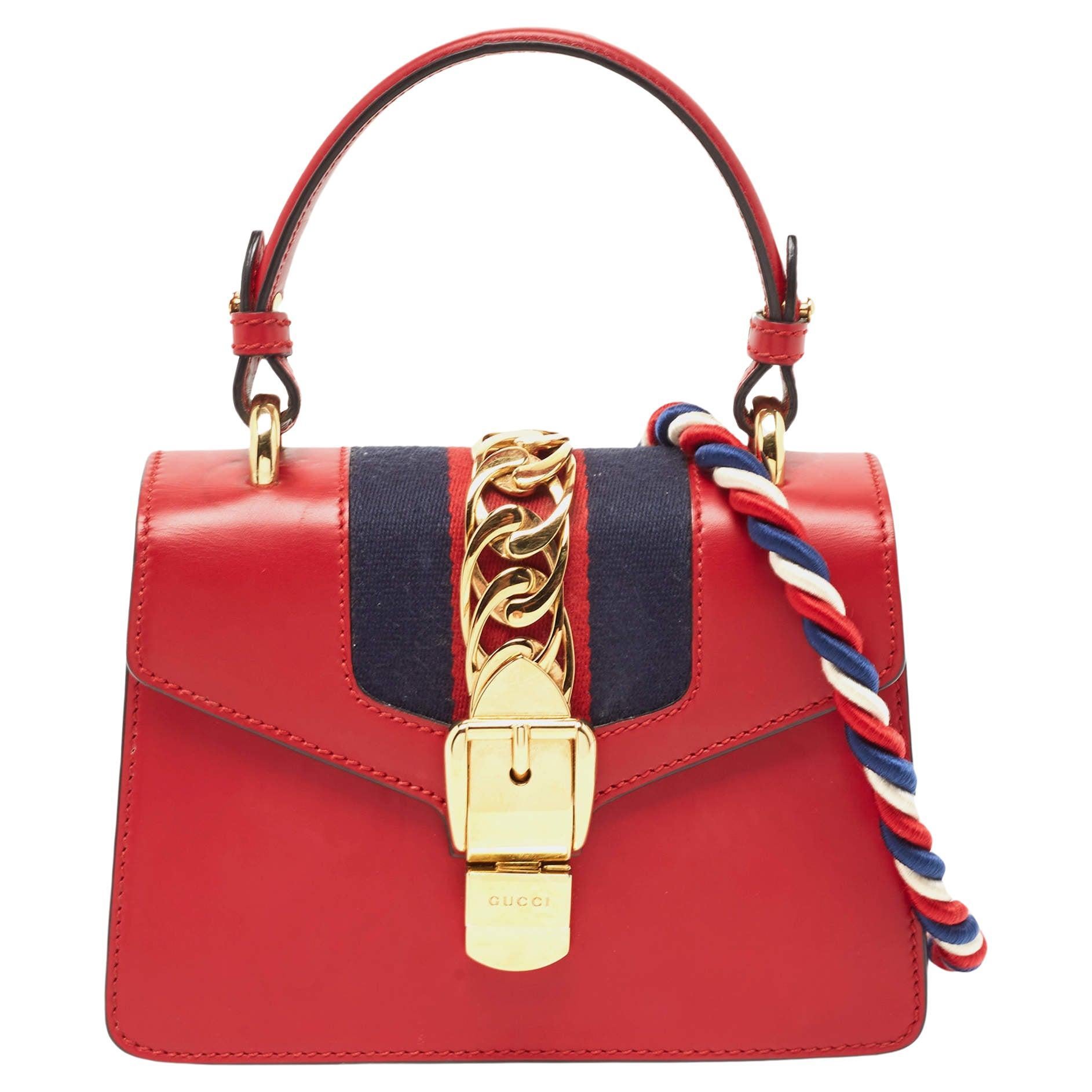Gucci Red Leather Mini Web Chain Sylvie Top Handle Bag For Sale