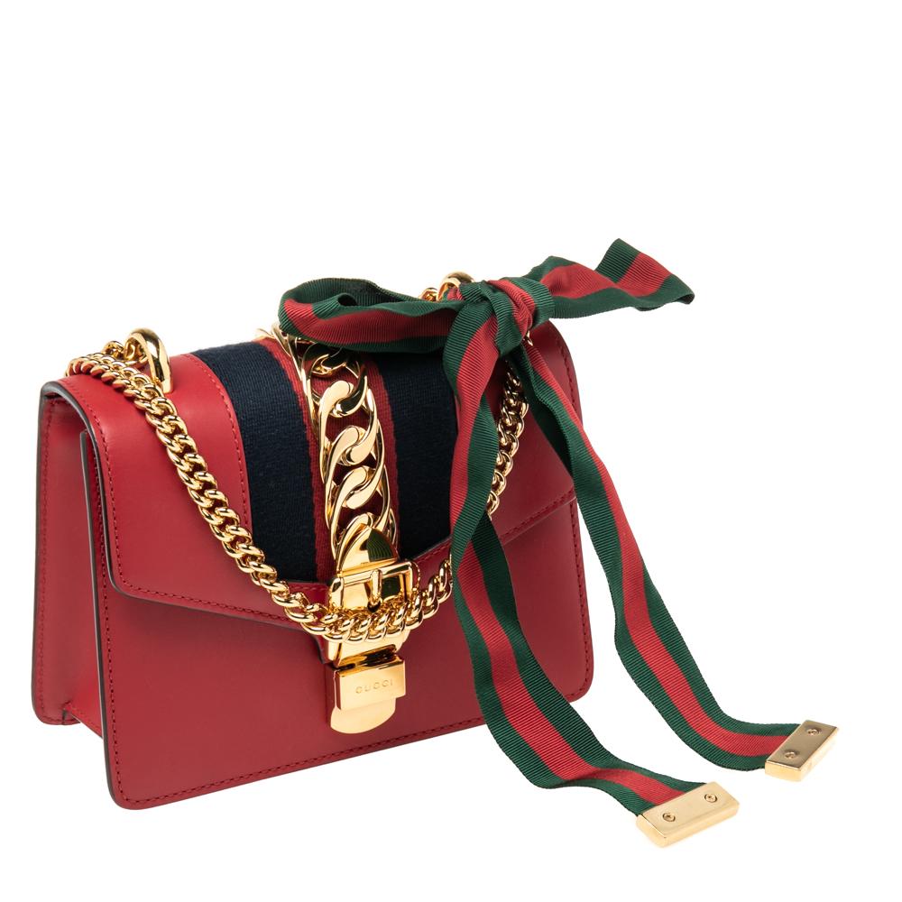 Gucci Red Leather Mini Web Sylvie Chain Crossbody Bag 4