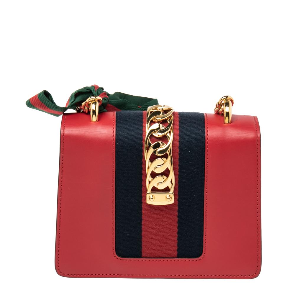 Gucci Red Leather Mini Web Sylvie Chain Crossbody Bag 5