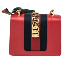 Gucci Red Leather Mini Web Sylvie Chain Crossbody Bag