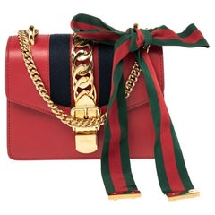 Used Gucci Red Leather Mini Web Sylvie Chain Crossbody Bag