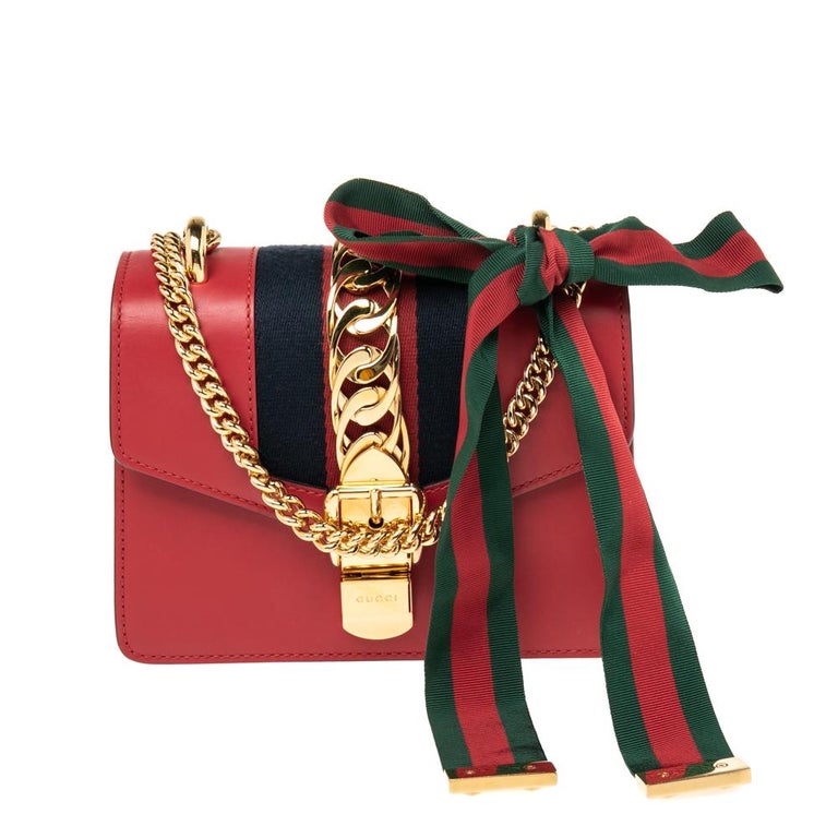 Gucci Red Leather Mini Web Chain Sylvie Crossbody Bag For Sale at 1stDibs
