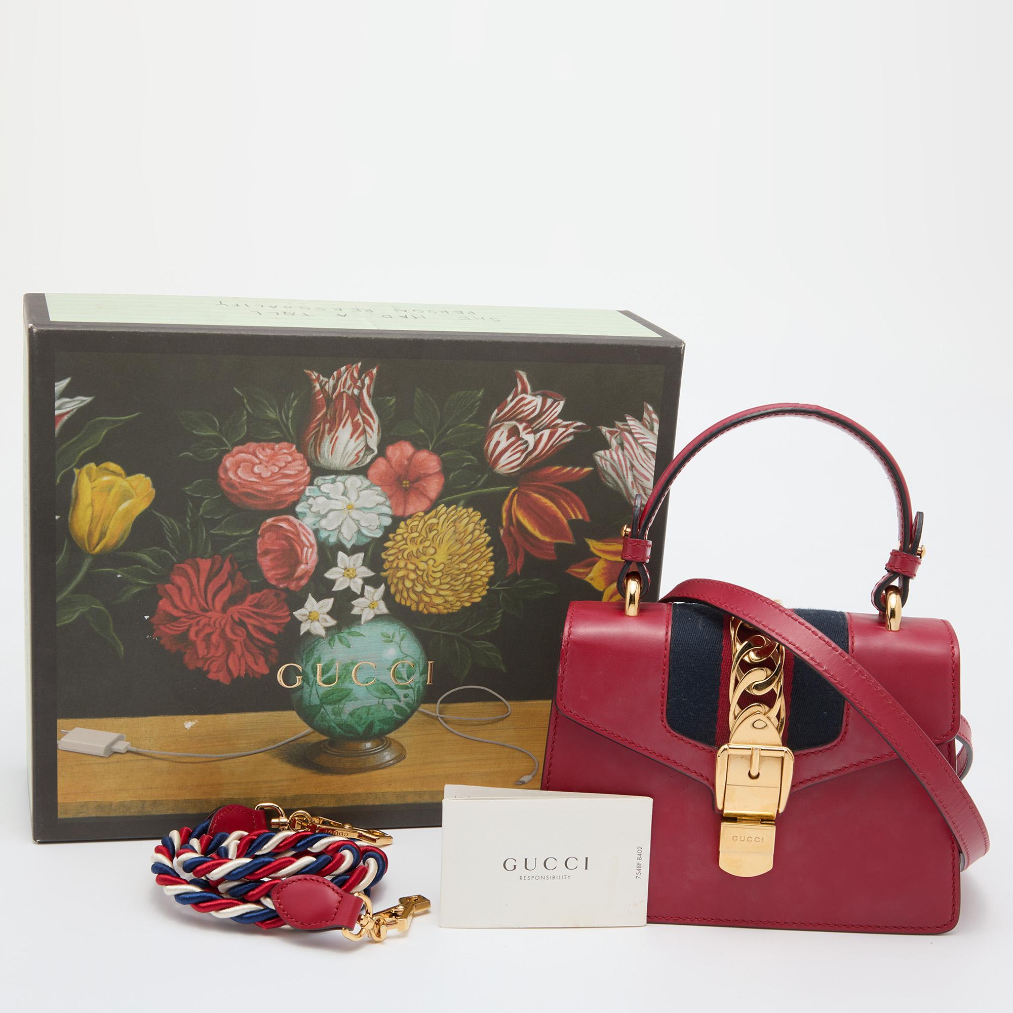 Gucci Red Leather Mini Web Sylvie Top Handle Bag 8