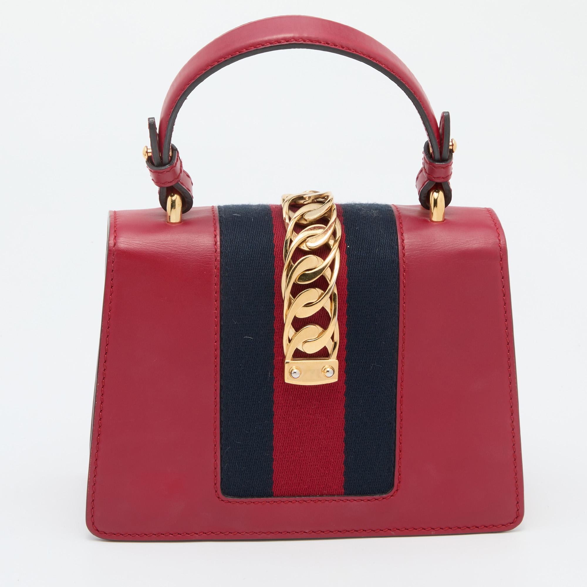 Gucci Red Leather Mini Web Sylvie Top Handle Bag 2