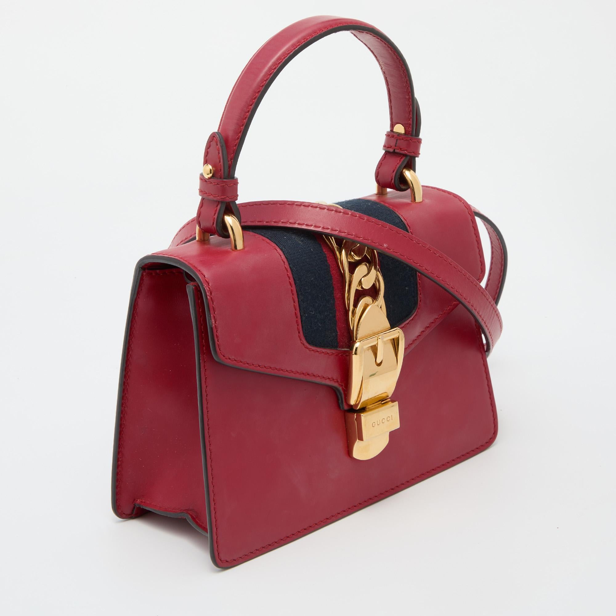 Gucci Red Leather Mini Web Sylvie Top Handle Bag 3