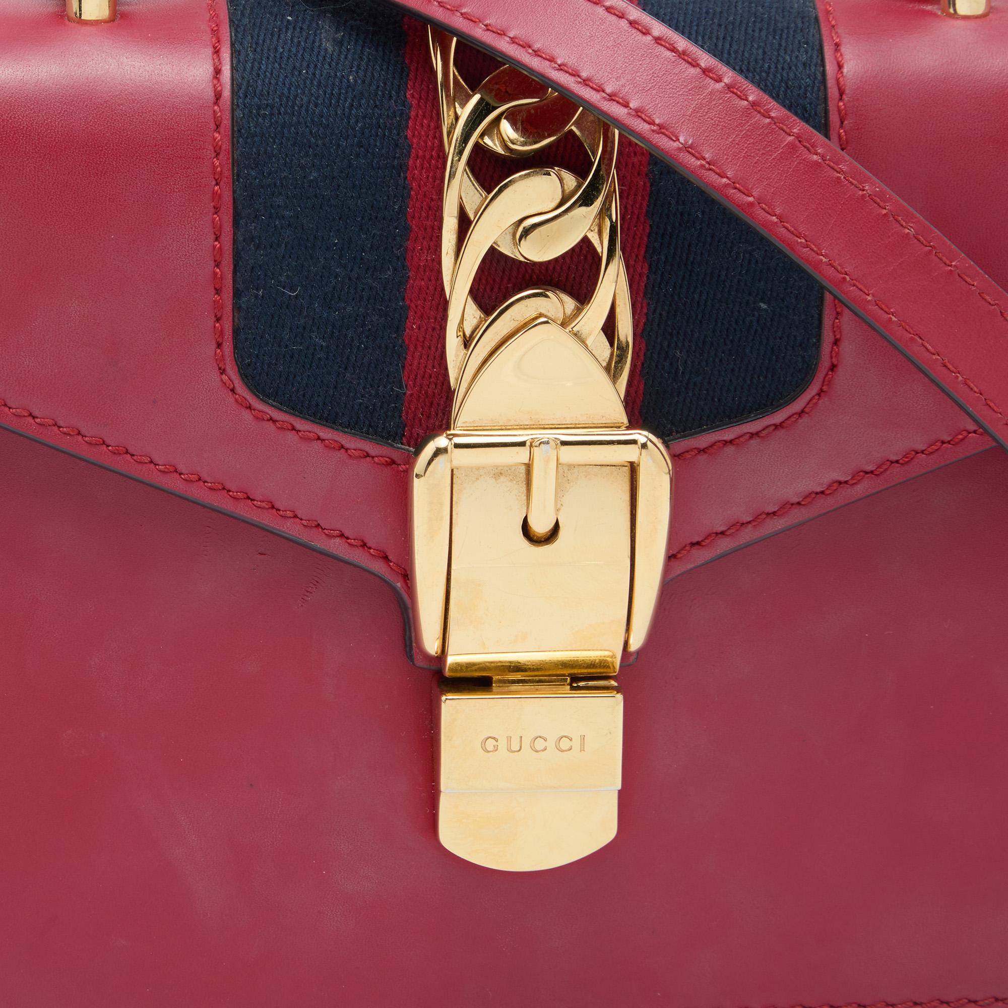 Gucci Red Leather Mini Web Sylvie Top Handle Bag 4