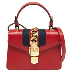 Gucci Red Leather Mini Web Sylvie Top Handle Bag