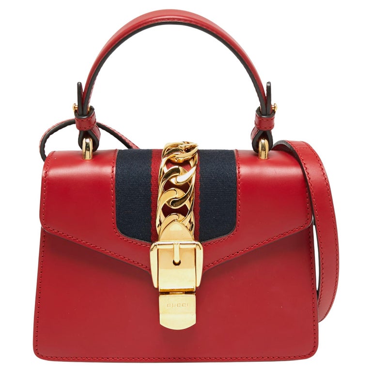 Gucci Red Leather Mini Web Sylvie Top Handle Bag at 1stDibs