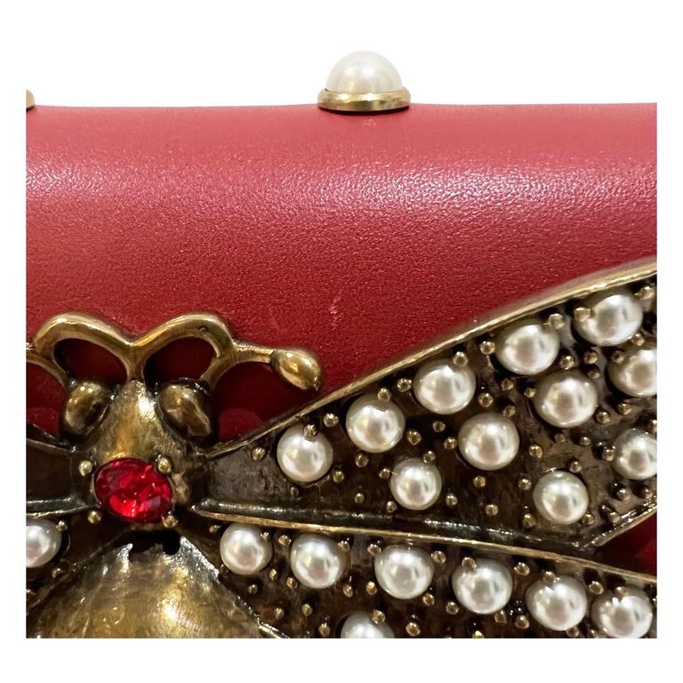 Gucci Red Leather Pearl Studded Mini Broadway Bee Shoulder Bag