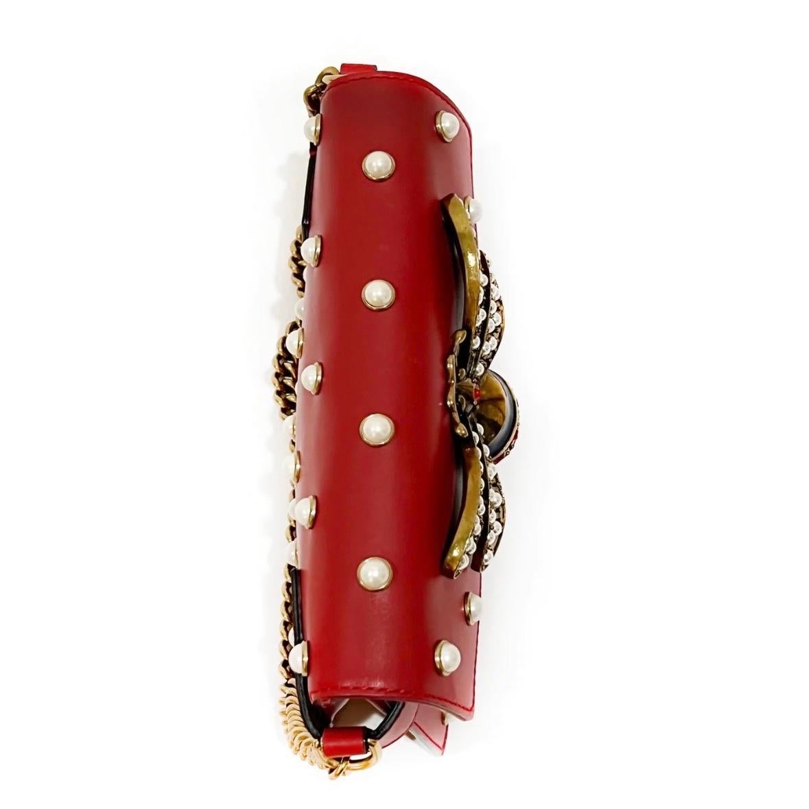 Women's or Men's Gucci Red Leather Pearl Studded Mini Broadway Bee Envelope Bag