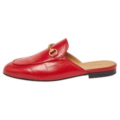 Used Gucci Red Leather Princetown Flat Mules Size 38.5