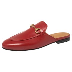 Used Gucci Red Leather Princetown Horsebit Flat Mules Size 37