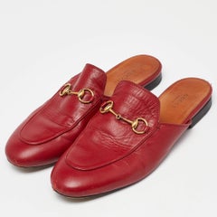 Gucci Red Leather Princetown Horsebit Flat Mules Size 39