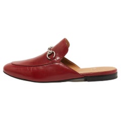 Used Gucci Red Leather Princetown Horsebit Flat Mules Size 44