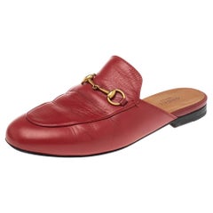 Used Gucci Red Leather Princetown Horsebit Mules Size 38