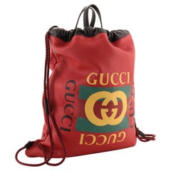 Vintage Gucci Red Leather Print Logo Drawstring Large Backpack