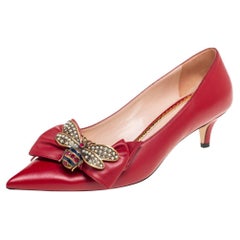 Gucci Red Leather Queen Margaret Bow Pointed-Toe Pumps Size 38.5